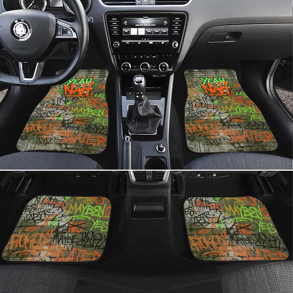 Yeah Nah Graffiti Skull New Zealand Slang Car Mats Kiwi Grunge Brick Wall and Bold Urban Street Art TS04 Set 4pcs Multicolor - Polynesian Pride