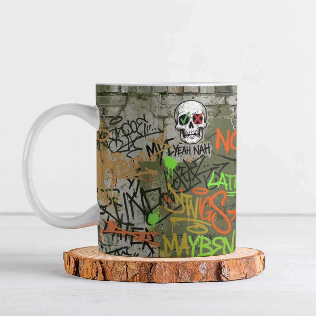 Yeah Nah Graffiti Skull New Zealand Slang Ceramic Mug Kiwi Grunge Brick Wall and Bold Urban Street Art TS04 Multicolor - Polynesian Pride