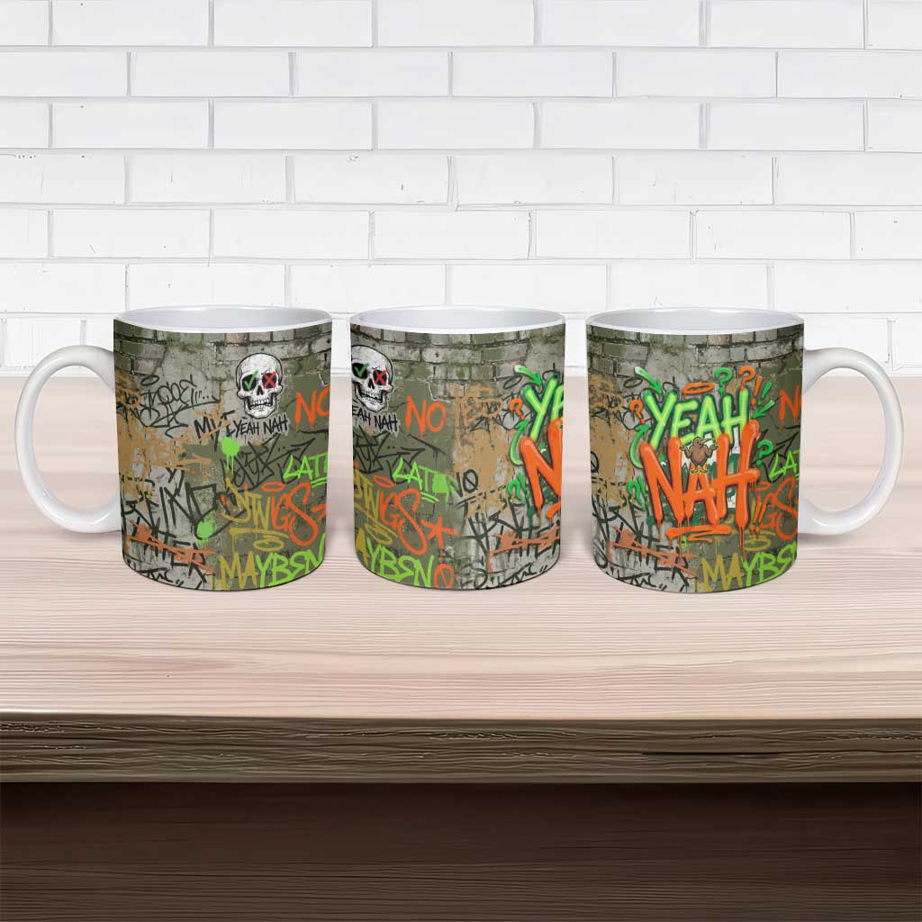 Yeah Nah Graffiti Skull New Zealand Slang Ceramic Mug Kiwi Grunge Brick Wall and Bold Urban Street Art TS04 - Polynesian Pride