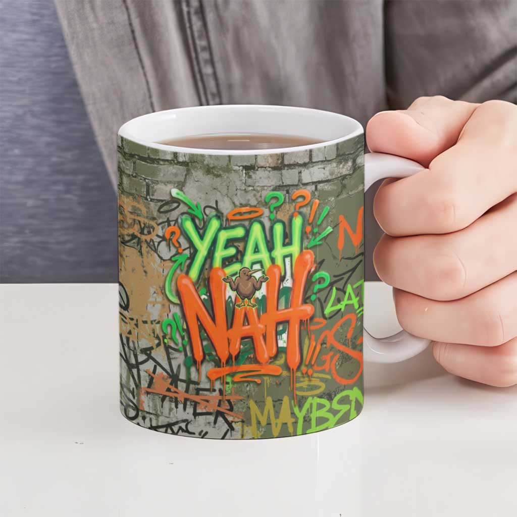Yeah Nah Graffiti Skull New Zealand Slang Ceramic Mug Kiwi Grunge Brick Wall and Bold Urban Street Art TS04 - Polynesian Pride