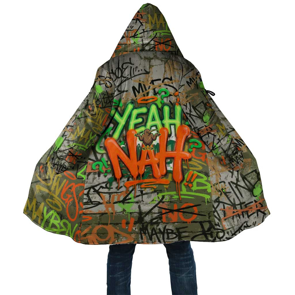 Yeah Nah Graffiti Skull New Zealand Slang Cloak Kiwi Grunge Brick Wall and Bold Urban Street Art
