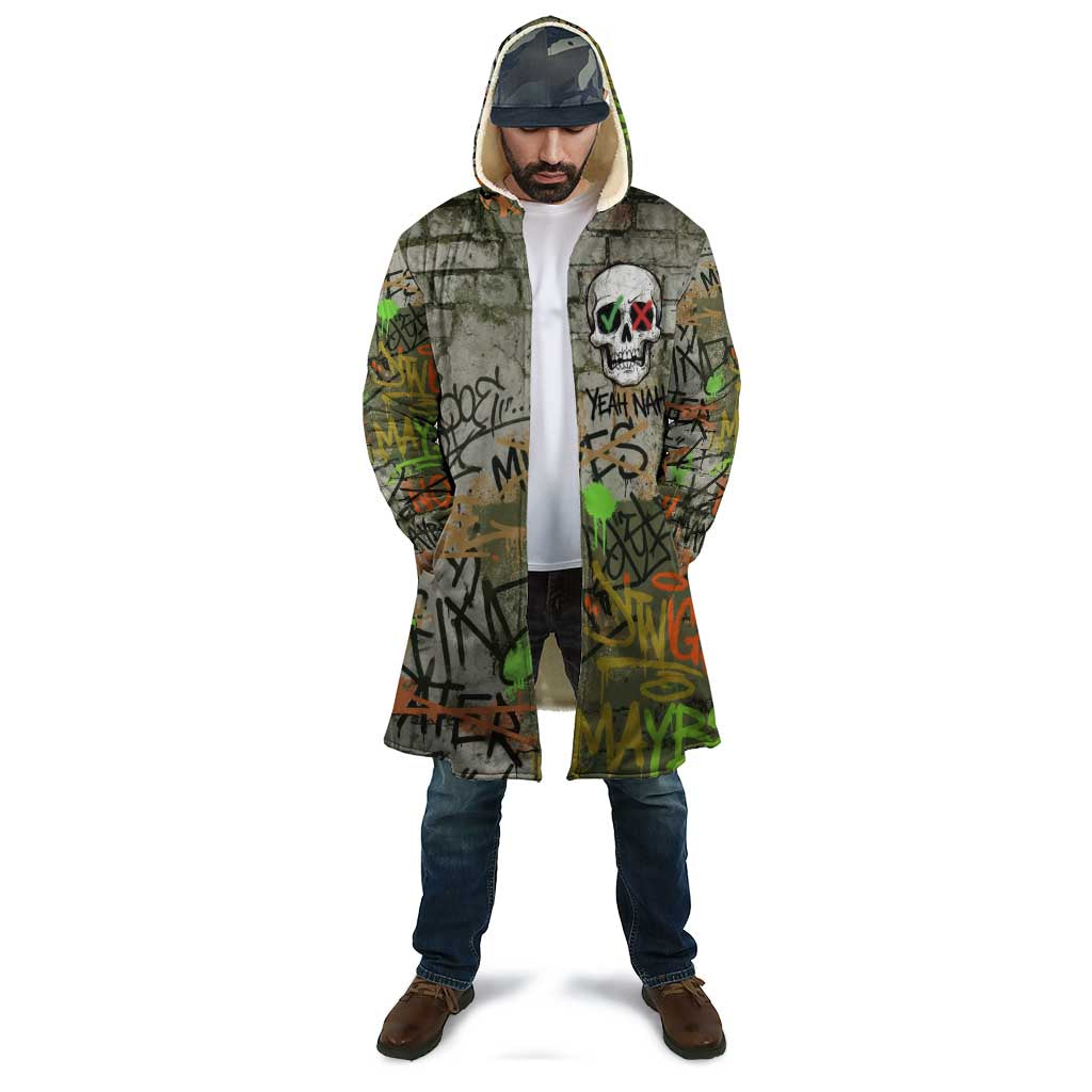 Yeah Nah Graffiti Skull New Zealand Slang Cloak Kiwi Grunge Brick Wall and Bold Urban Street Art