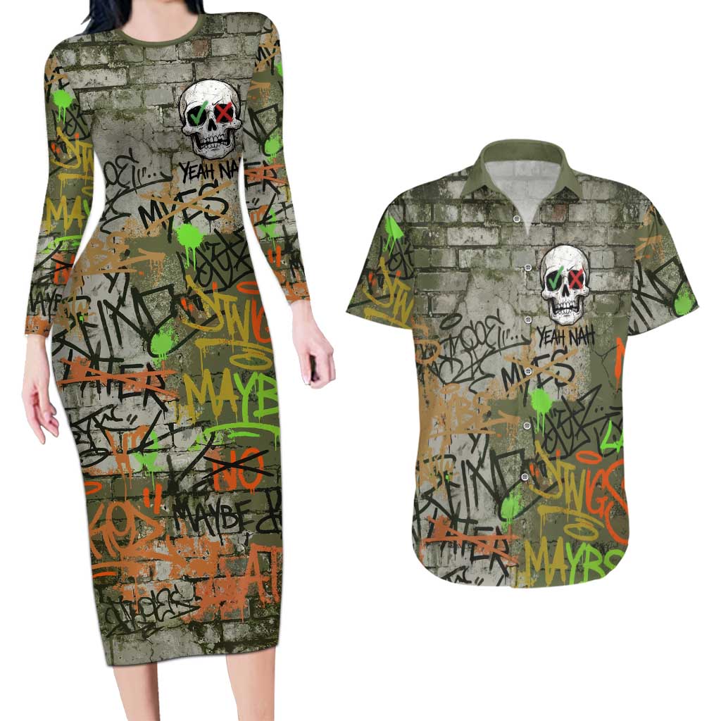 Yeah Nah Graffiti Skull New Zealand Slang Couples Matching Long Sleeve Bodycon Dress and Hawaiian Shirt Kiwi Grunge Brick Wall and Bold Urban Street Art TS04 Multicolor - Polynesian Pride