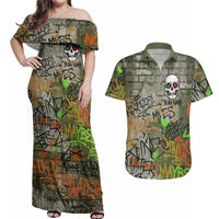 Yeah Nah Graffiti Skull New Zealand Slang Couples Matching Off Shoulder Maxi Dress and Hawaiian Shirt Kiwi Grunge Brick Wall and Bold Urban Street Art TS04 Multicolor - Polynesian Pride