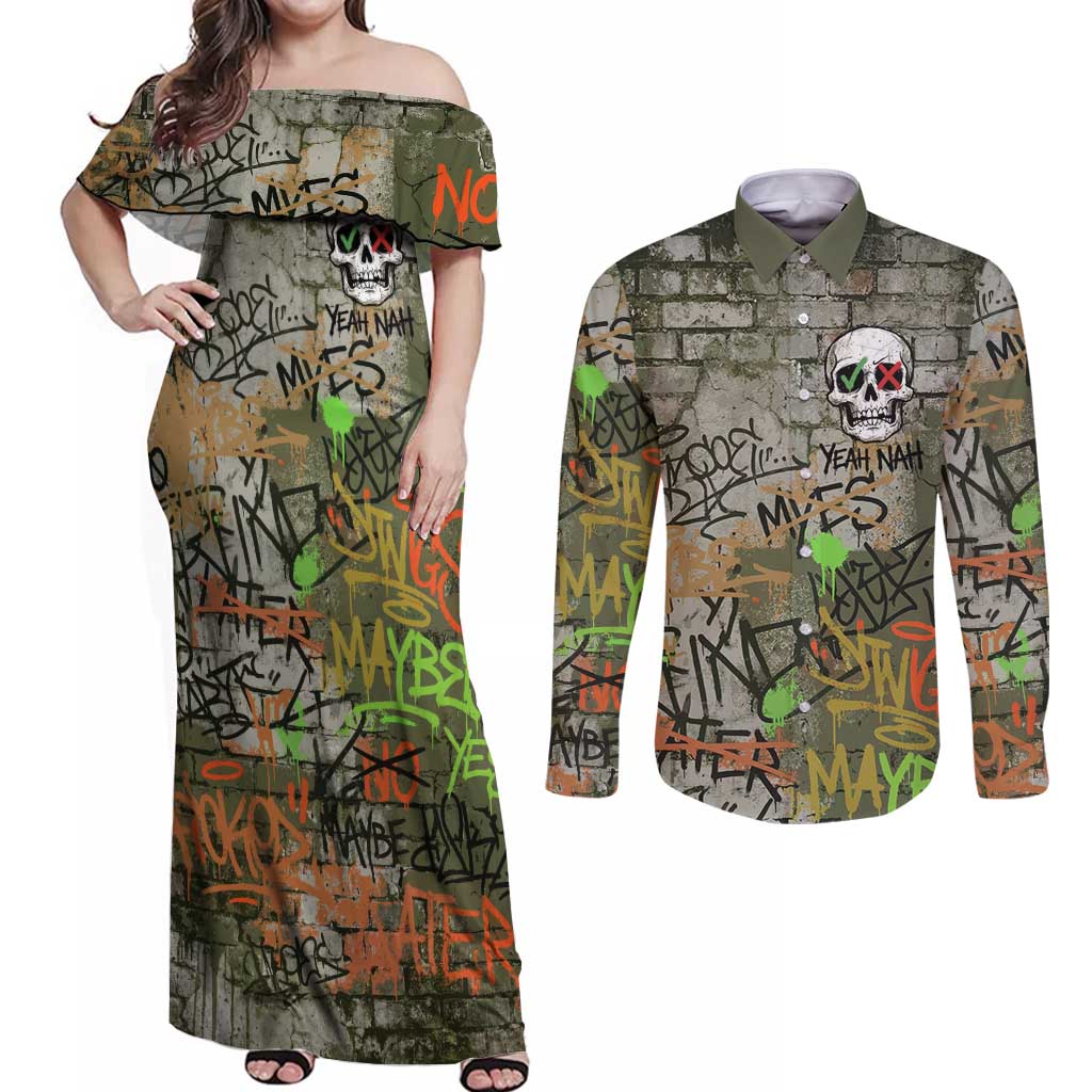 Yeah Nah Graffiti Skull New Zealand Slang Couples Matching Off Shoulder Maxi Dress and Long Sleeve Button Shirt Kiwi Grunge Brick Wall and Bold Urban Street Art TS04 Multicolor - Polynesian Pride