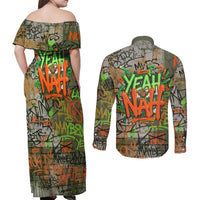 Yeah Nah Graffiti Skull New Zealand Slang Couples Matching Off Shoulder Maxi Dress and Long Sleeve Button Shirt Kiwi Grunge Brick Wall and Bold Urban Street Art TS04 - Polynesian Pride