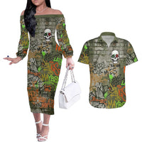Yeah Nah Graffiti Skull New Zealand Slang Couples Matching Off The Shoulder Long Sleeve Dress and Hawaiian Shirt Kiwi Grunge Brick Wall and Bold Urban Street Art TS04 Multicolor - Polynesian Pride