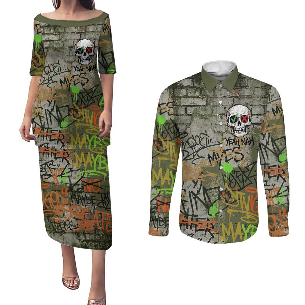 Yeah Nah Graffiti Skull New Zealand Slang Couples Matching Puletasi and Long Sleeve Button Shirt Kiwi Grunge Brick Wall and Bold Urban Street Art TS04 Multicolor - Polynesian Pride