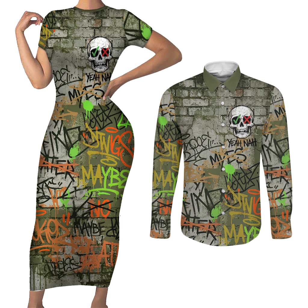 Yeah Nah Graffiti Skull New Zealand Slang Couples Matching Short Sleeve Bodycon Dress and Long Sleeve Button Shirt Kiwi Grunge Brick Wall and Bold Urban Street Art TS04 Multicolor - Polynesian Pride