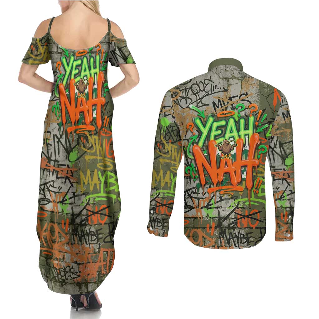 Yeah Nah Graffiti Skull New Zealand Slang Couples Matching Summer Maxi Dress and Long Sleeve Button Shirt Kiwi Grunge Brick Wall and Bold Urban Street Art TS04 - Polynesian Pride
