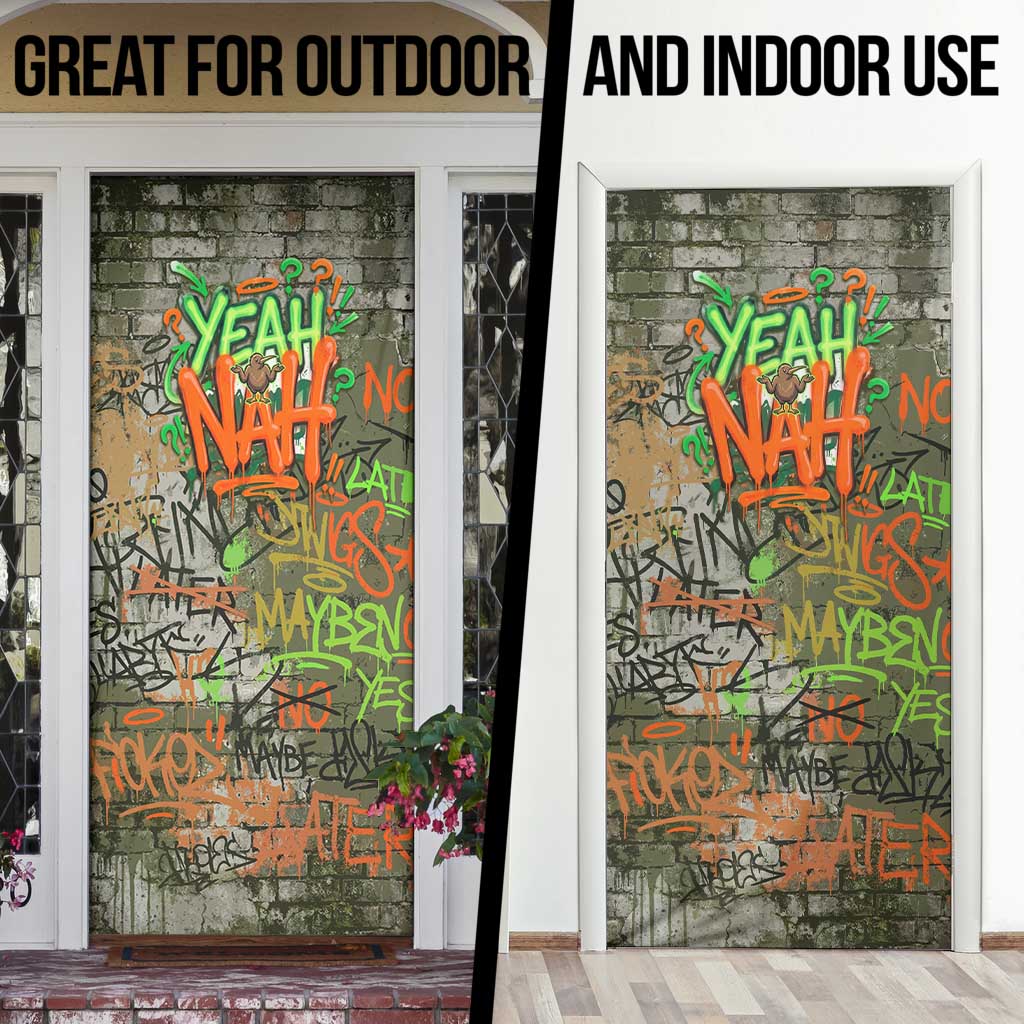 Yeah Nah Graffiti Skull New Zealand Slang Door Cover Kiwi Grunge Brick Wall and Bold Urban Street Art