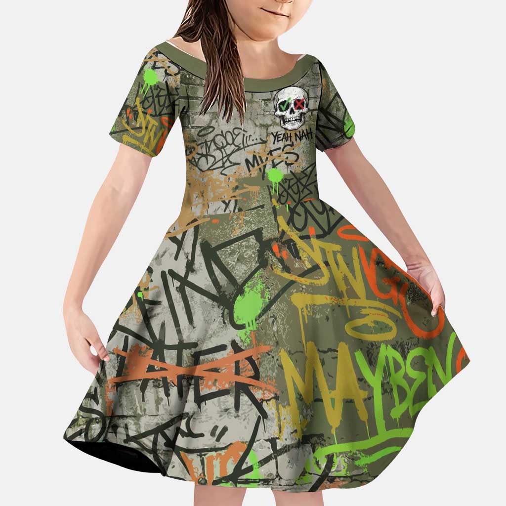 Yeah Nah Graffiti Skull New Zealand Slang Family Matching Off The Shoulder Long Sleeve Dress and Hawaiian Shirt Kiwi Grunge Brick Wall and Bold Urban Street Art TS04 Daughter's Dress Multicolor - Polynesian Pride