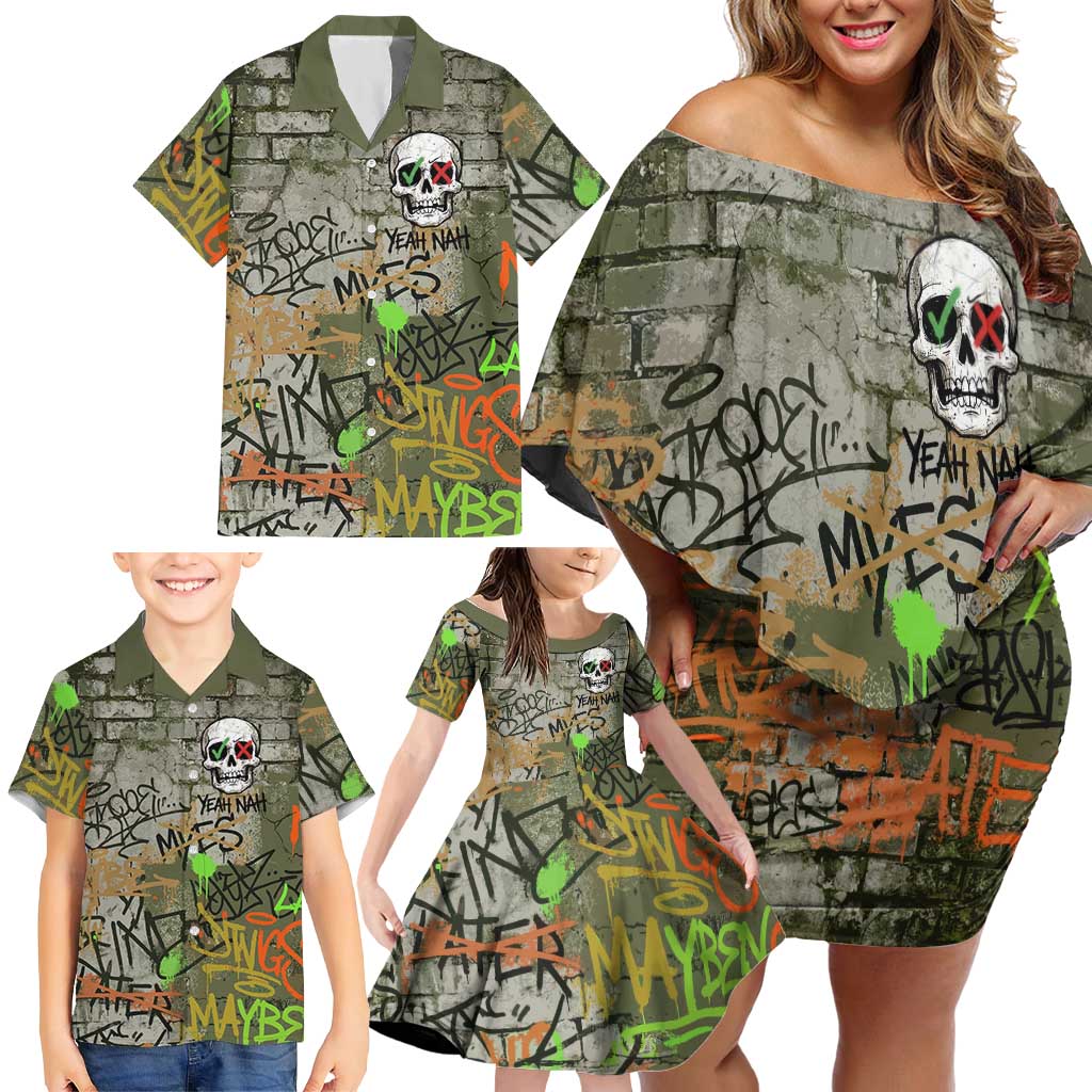 Yeah Nah Graffiti Skull New Zealand Slang Family Matching Off Shoulder Short Dress and Hawaiian Shirt Kiwi Grunge Brick Wall and Bold Urban Street Art TS04 - Polynesian Pride