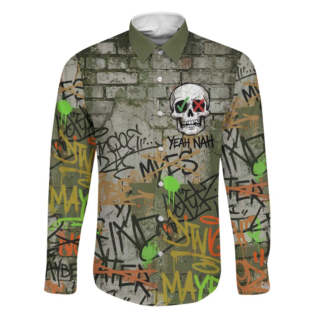Yeah Nah Graffiti Skull New Zealand Slang Family Matching Off Shoulder Short Dress and Hawaiian Shirt Kiwi Grunge Brick Wall and Bold Urban Street Art TS04 Dad's Shirt - Long Sleeve Multicolor - Polynesian Pride