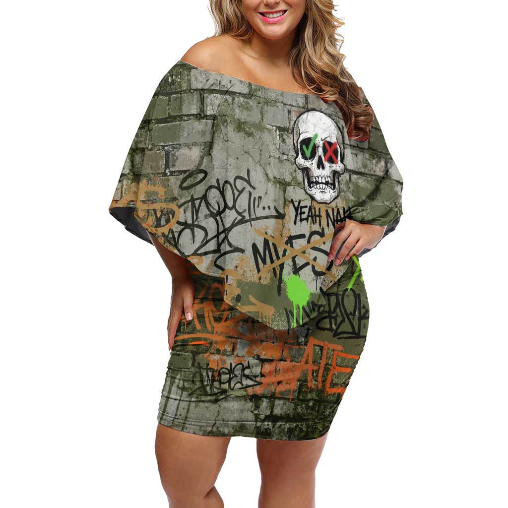 Yeah Nah Graffiti Skull New Zealand Slang Family Matching Off Shoulder Short Dress and Hawaiian Shirt Kiwi Grunge Brick Wall and Bold Urban Street Art TS04 Mom's Dress Multicolor - Polynesian Pride