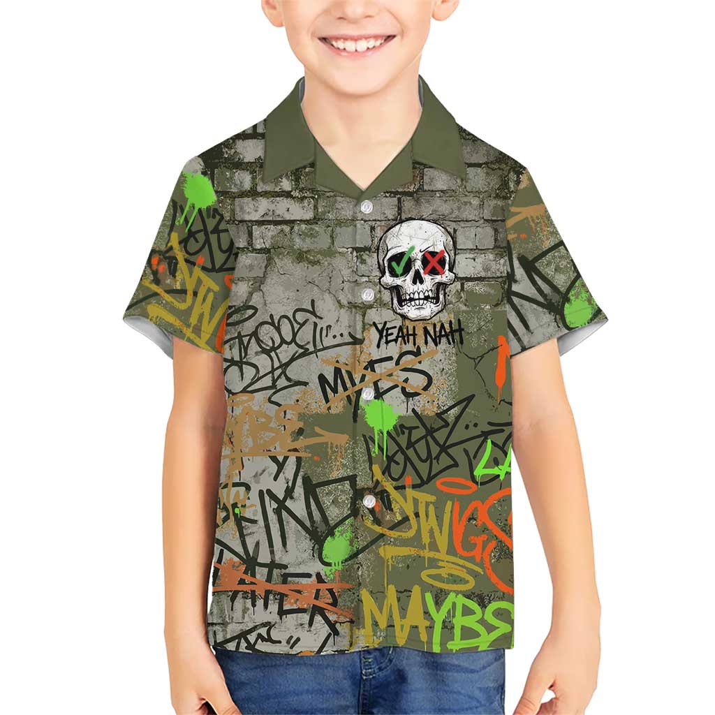Yeah Nah Graffiti Skull New Zealand Slang Family Matching Off Shoulder Short Dress and Hawaiian Shirt Kiwi Grunge Brick Wall and Bold Urban Street Art TS04 Son's Shirt Multicolor - Polynesian Pride