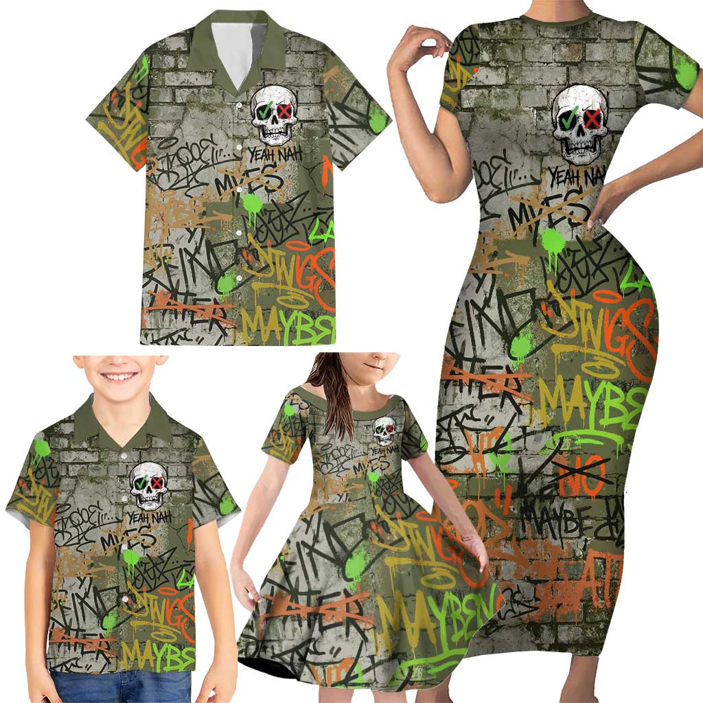 Yeah Nah Graffiti Skull New Zealand Slang Family Matching Short Sleeve Bodycon Dress and Hawaiian Shirt Kiwi Grunge Brick Wall and Bold Urban Street Art TS04 - Polynesian Pride