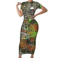 Yeah Nah Graffiti Skull New Zealand Slang Family Matching Short Sleeve Bodycon Dress and Hawaiian Shirt Kiwi Grunge Brick Wall and Bold Urban Street Art TS04 Mom's Dress Multicolor - Polynesian Pride