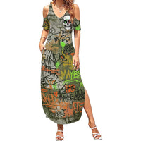 Yeah Nah Graffiti Skull New Zealand Slang Family Matching Summer Maxi Dress and Hawaiian Shirt Kiwi Grunge Brick Wall and Bold Urban Street Art TS04 Mom's Dress Multicolor - Polynesian Pride