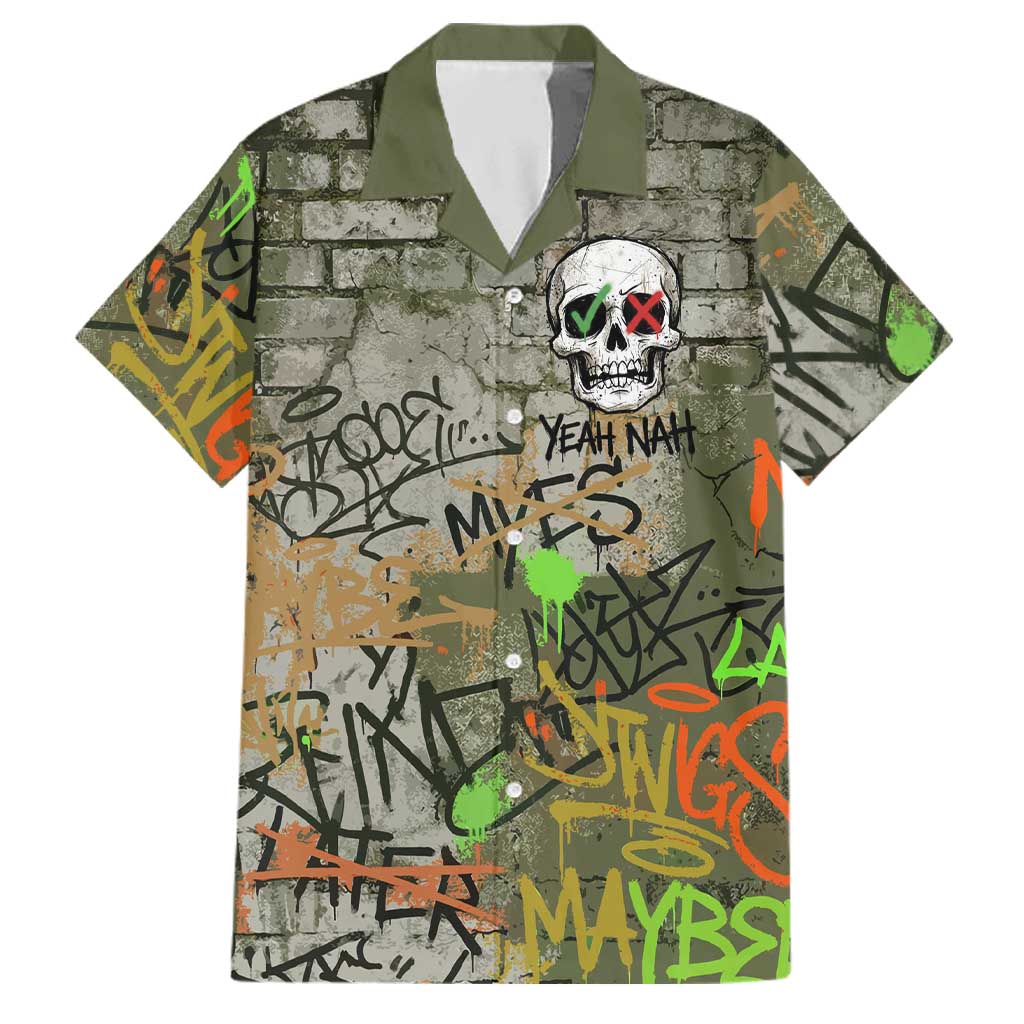 Yeah Nah Graffiti Skull New Zealand Slang Family Matching Tank Maxi Dress and Hawaiian Shirt Kiwi Grunge Brick Wall and Bold Urban Street Art TS04 Dad's Shirt - Short Sleeve Multicolor - Polynesian Pride