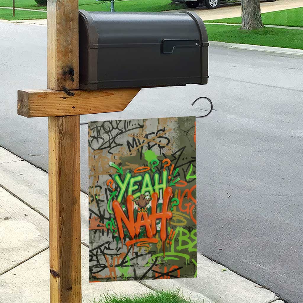 Yeah Nah Graffiti Skull New Zealand Slang Garden Flag Kiwi Grunge Brick Wall and Bold Urban Street Art