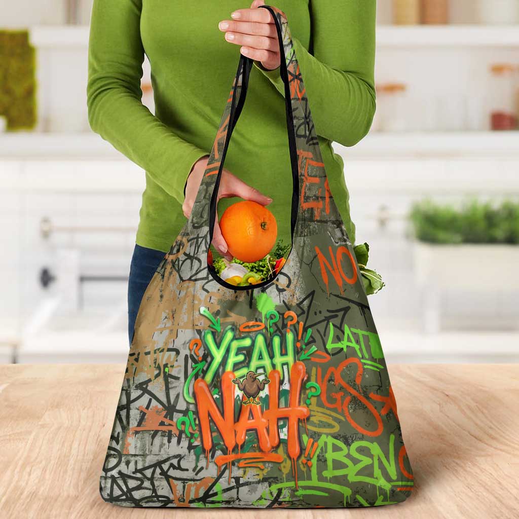 Yeah Nah Graffiti Skull New Zealand Slang Grocery Bag Kiwi Grunge Brick Wall and Bold Urban Street Art