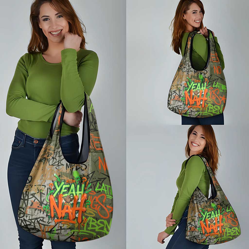 Yeah Nah Graffiti Skull New Zealand Slang Grocery Bag Kiwi Grunge Brick Wall and Bold Urban Street Art