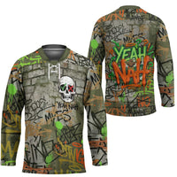Yeah Nah Graffiti Skull New Zealand Slang Hockey Jersey Kiwi Grunge Brick Wall and Bold Urban Street Art