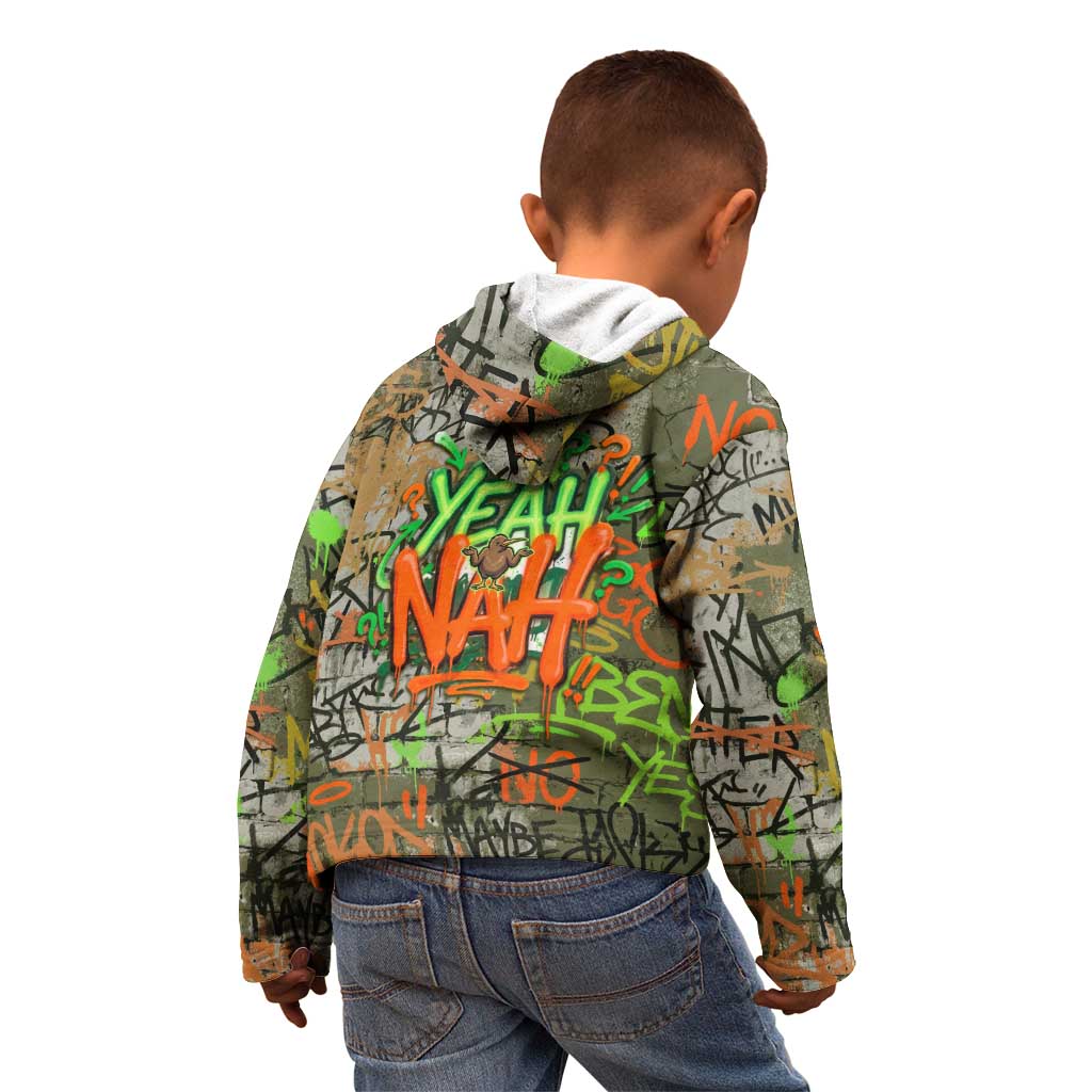 Yeah Nah Graffiti Skull New Zealand Slang Kid Hoodie Kiwi Grunge Brick Wall and Bold Urban Street Art