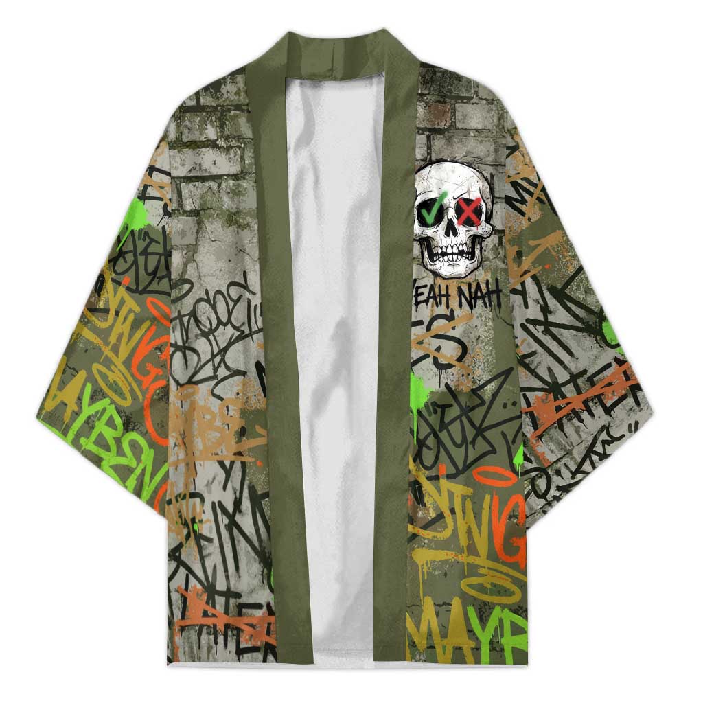 Yeah Nah Graffiti Skull New Zealand Slang Kimono Kiwi Grunge Brick Wall and Bold Urban Street Art TS04 Unisex Multicolor - Polynesian Pride