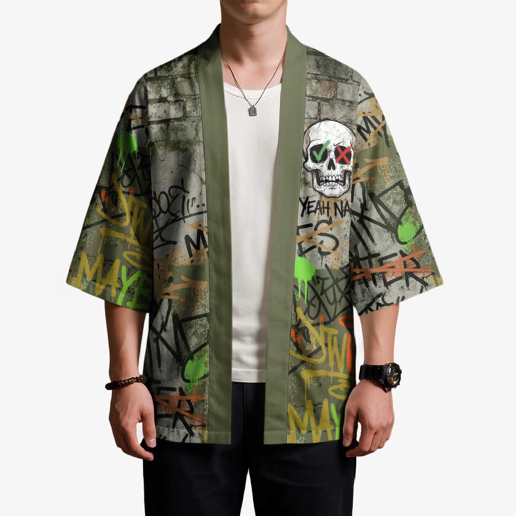 Yeah Nah Graffiti Skull New Zealand Slang Kimono Kiwi Grunge Brick Wall and Bold Urban Street Art TS04 - Polynesian Pride