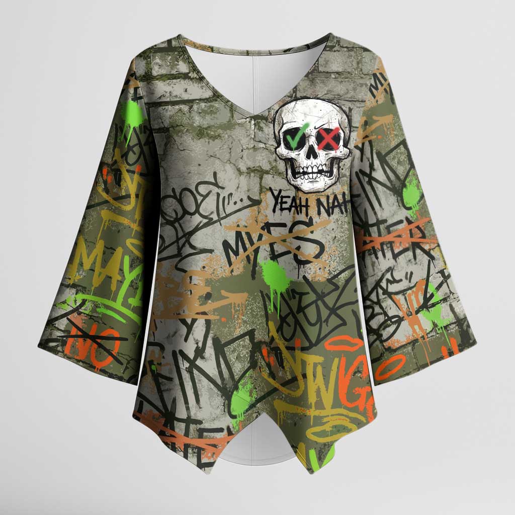 Yeah Nah Graffiti Skull New Zealand Slang Kimono Sleeve Blouse Kiwi Grunge Brick Wall and Bold Urban Street Art