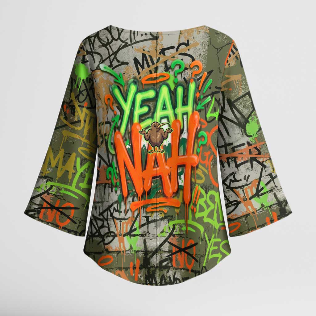 Yeah Nah Graffiti Skull New Zealand Slang Kimono Sleeve Blouse Kiwi Grunge Brick Wall and Bold Urban Street Art