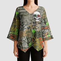 Yeah Nah Graffiti Skull New Zealand Slang Kimono Sleeve Blouse Kiwi Grunge Brick Wall and Bold Urban Street Art