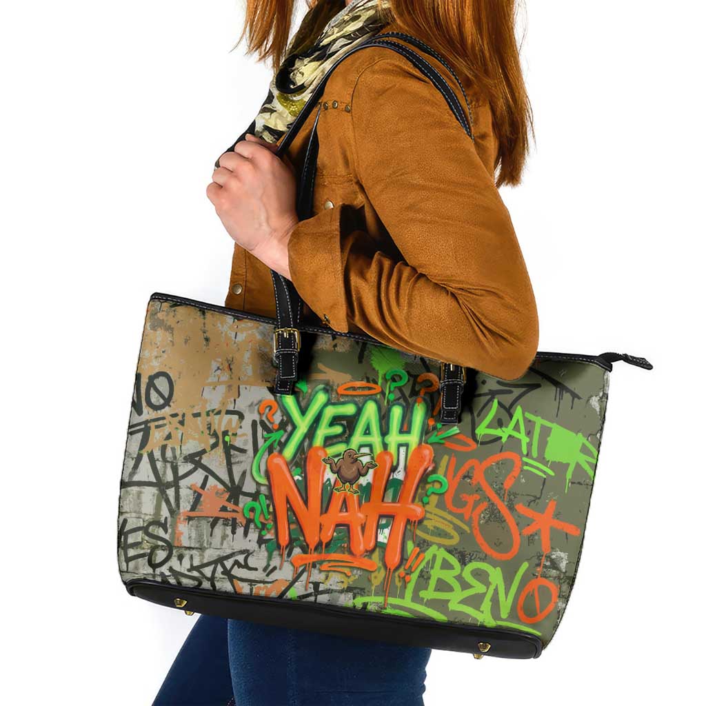 Yeah Nah Graffiti Skull New Zealand Slang Leather Tote Bag Kiwi Grunge Brick Wall and Bold Urban Street Art
