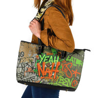 Yeah Nah Graffiti Skull New Zealand Slang Leather Tote Bag Kiwi Grunge Brick Wall and Bold Urban Street Art