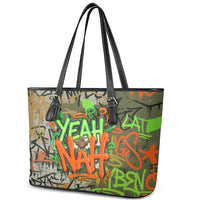 Yeah Nah Graffiti Skull New Zealand Slang Leather Tote Bag Kiwi Grunge Brick Wall and Bold Urban Street Art