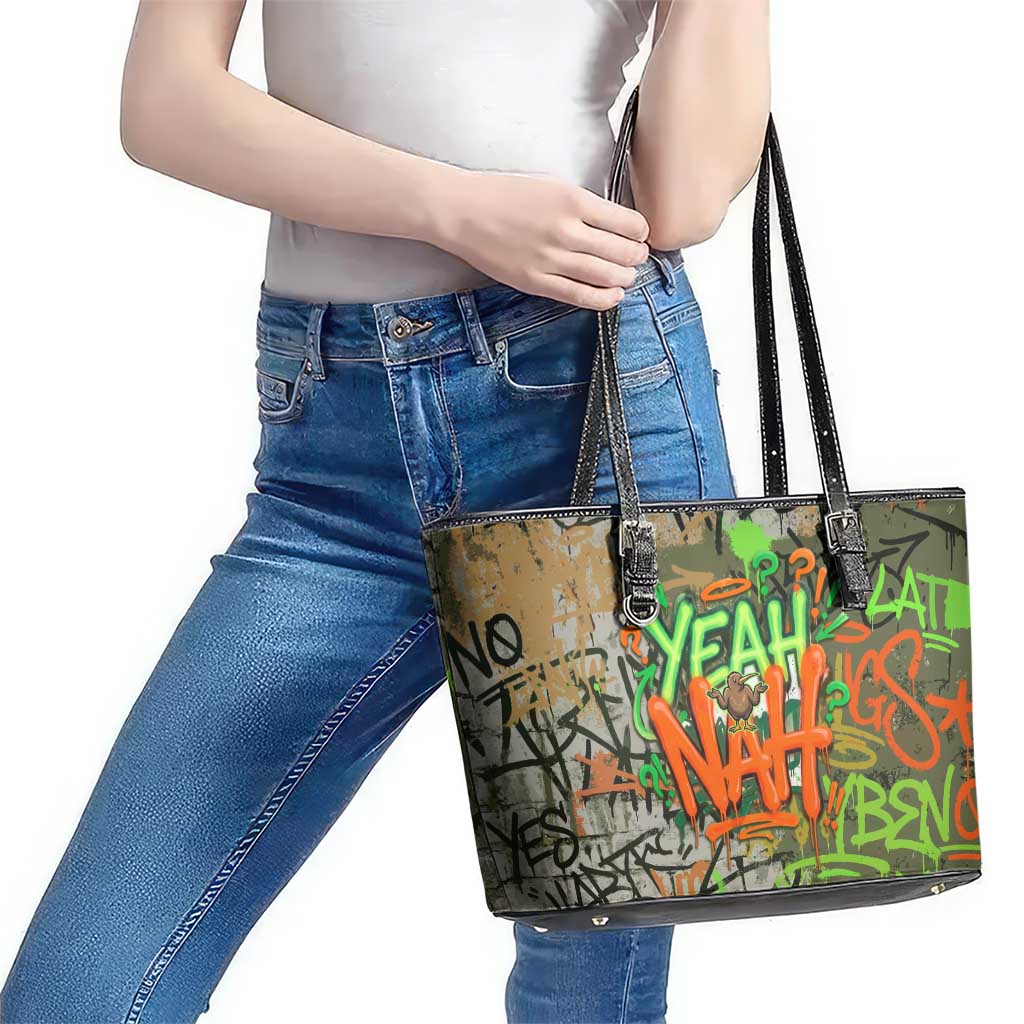 Yeah Nah Graffiti Skull New Zealand Slang Leather Tote Bag Kiwi Grunge Brick Wall and Bold Urban Street Art