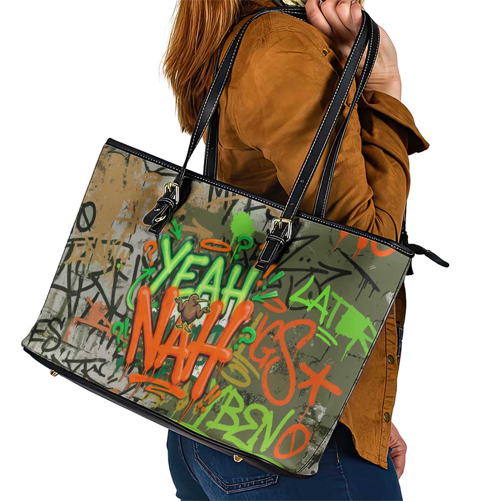 Yeah Nah Graffiti Skull New Zealand Slang Leather Tote Bag Kiwi Grunge Brick Wall and Bold Urban Street Art