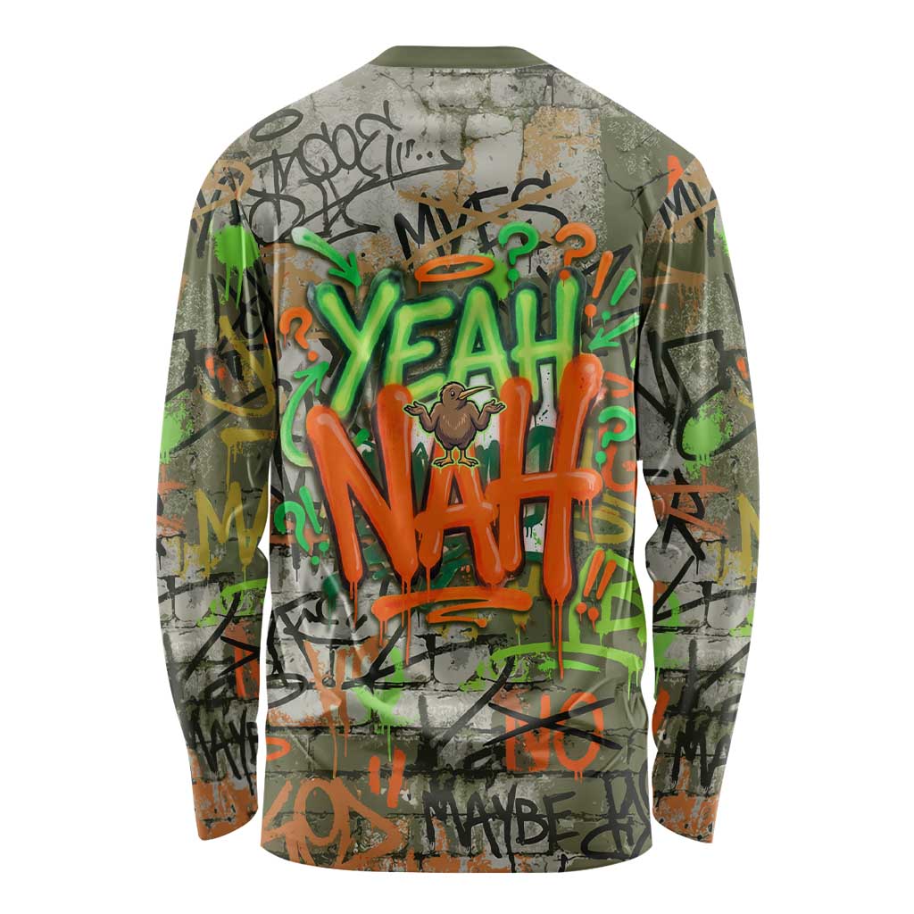 Yeah Nah Graffiti Skull New Zealand Slang Long Sleeve Shirt Kiwi Grunge Brick Wall and Bold Urban Street Art