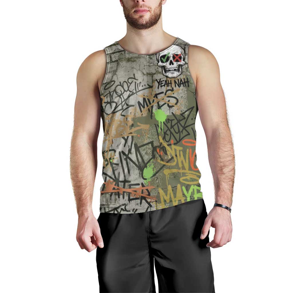 Yeah Nah Graffiti Skull New Zealand Slang Men Tank Top Kiwi Grunge Brick Wall and Bold Urban Street Art
