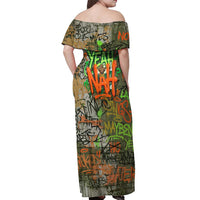 Yeah Nah Graffiti Skull New Zealand Slang Off Shoulder Maxi Dress Kiwi Grunge Brick Wall and Bold Urban Street Art