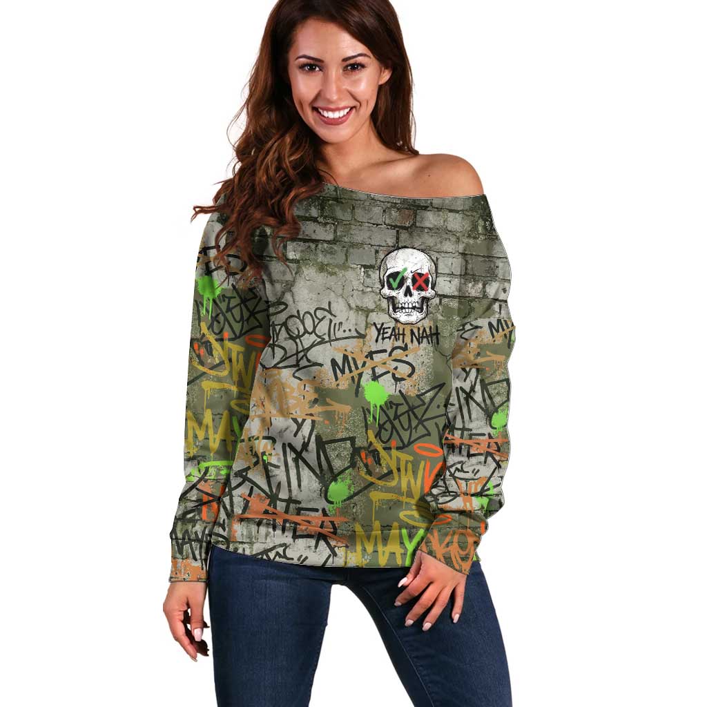 Yeah Nah Graffiti Skull New Zealand Slang Off Shoulder Sweater Kiwi Grunge Brick Wall and Bold Urban Street Art TS04 Women Multicolor - Polynesian Pride