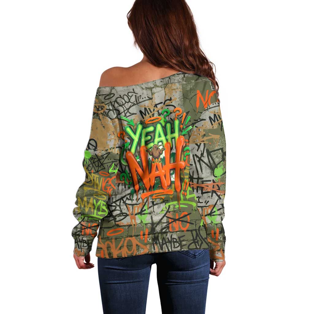 Yeah Nah Graffiti Skull New Zealand Slang Off Shoulder Sweater Kiwi Grunge Brick Wall and Bold Urban Street Art TS04 - Polynesian Pride