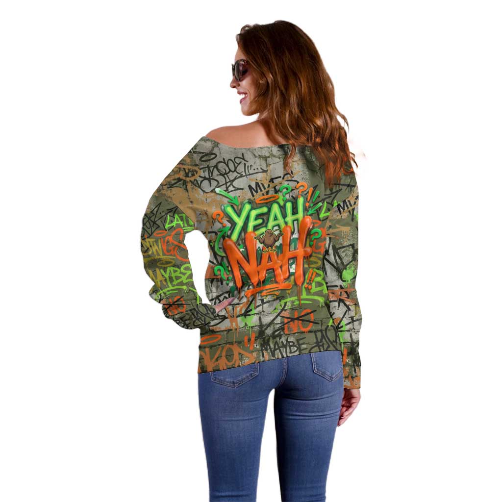 Yeah Nah Graffiti Skull New Zealand Slang Off Shoulder Sweater Kiwi Grunge Brick Wall and Bold Urban Street Art TS04 - Polynesian Pride