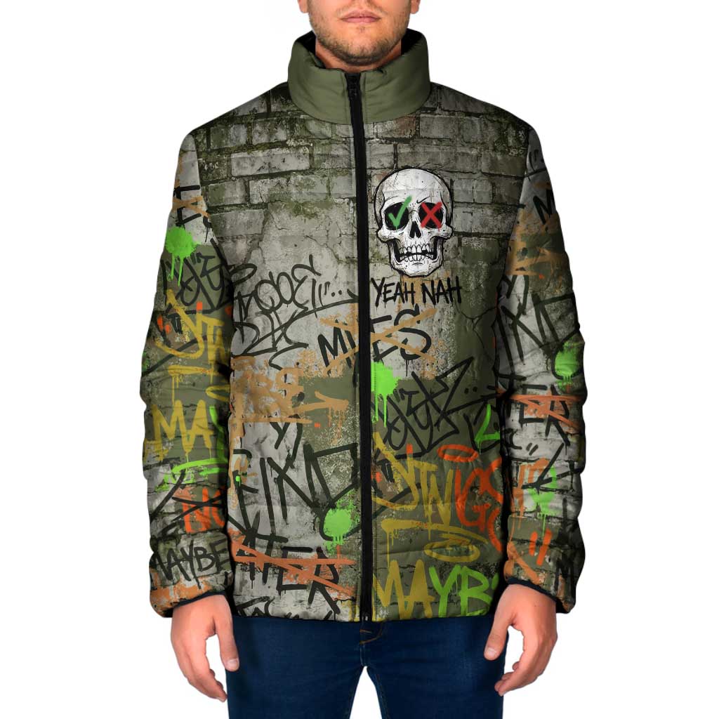 Yeah Nah Graffiti Skull New Zealand Slang Padded Jacket Kiwi Grunge Brick Wall and Bold Urban Street Art TS04 Men Multicolor - Polynesian Pride