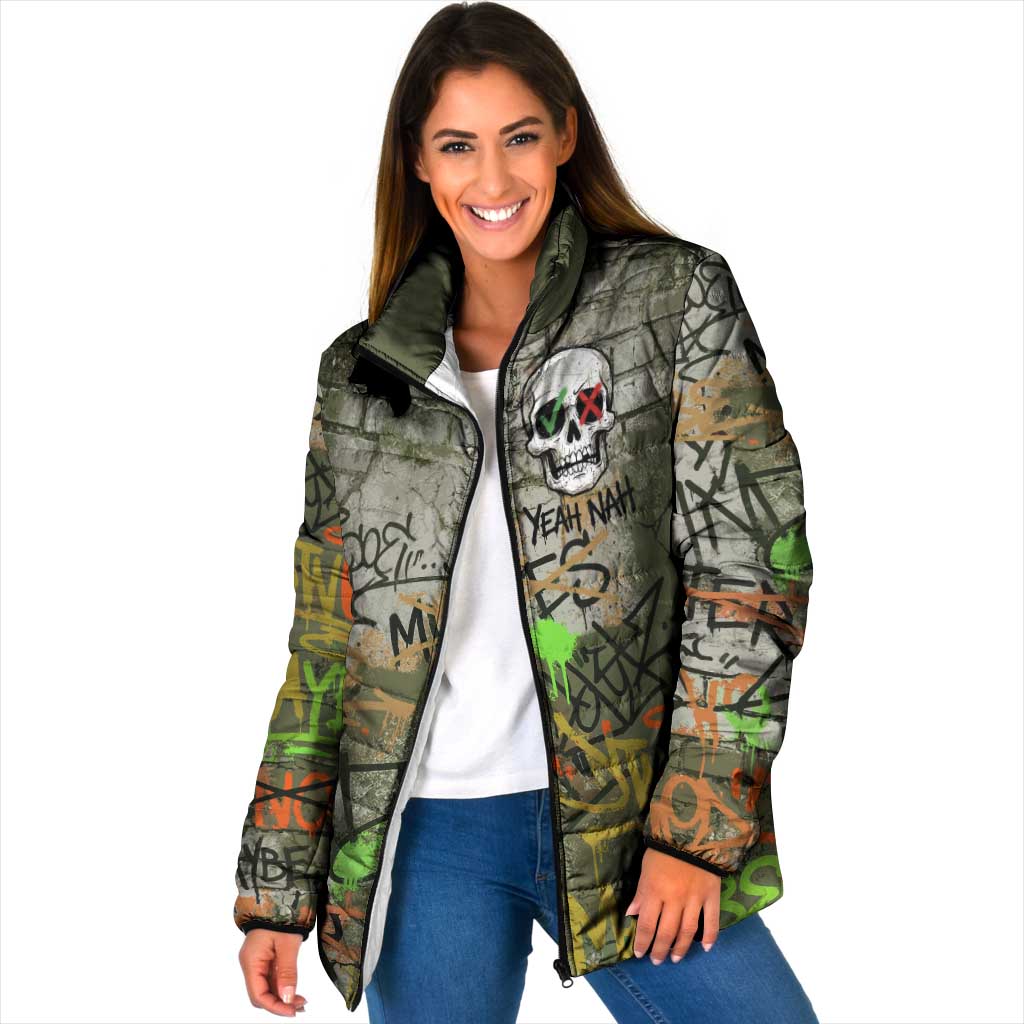 Yeah Nah Graffiti Skull New Zealand Slang Padded Jacket Kiwi Grunge Brick Wall and Bold Urban Street Art TS04 Women Multicolor - Polynesian Pride