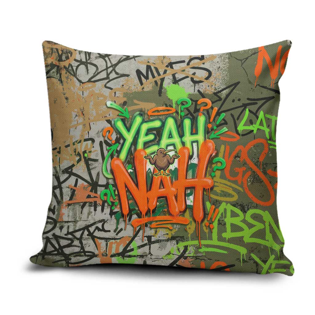 Yeah Nah Graffiti Skull New Zealand Slang Pillow Cover Kiwi Grunge Brick Wall and Bold Urban Street Art