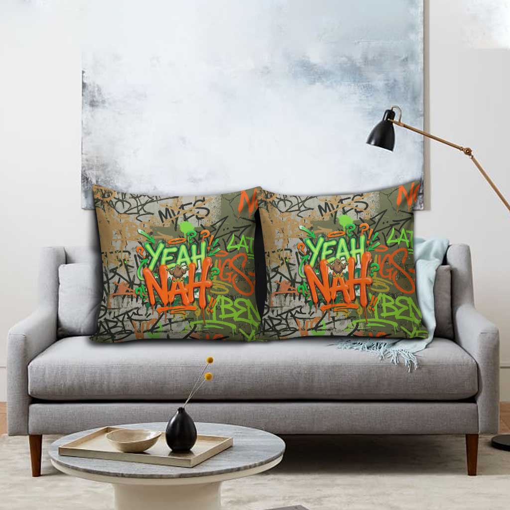 Yeah Nah Graffiti Skull New Zealand Slang Pillow Cover Kiwi Grunge Brick Wall and Bold Urban Street Art