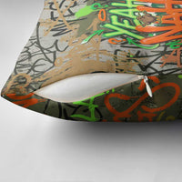 Yeah Nah Graffiti Skull New Zealand Slang Pillow Cover Kiwi Grunge Brick Wall and Bold Urban Street Art